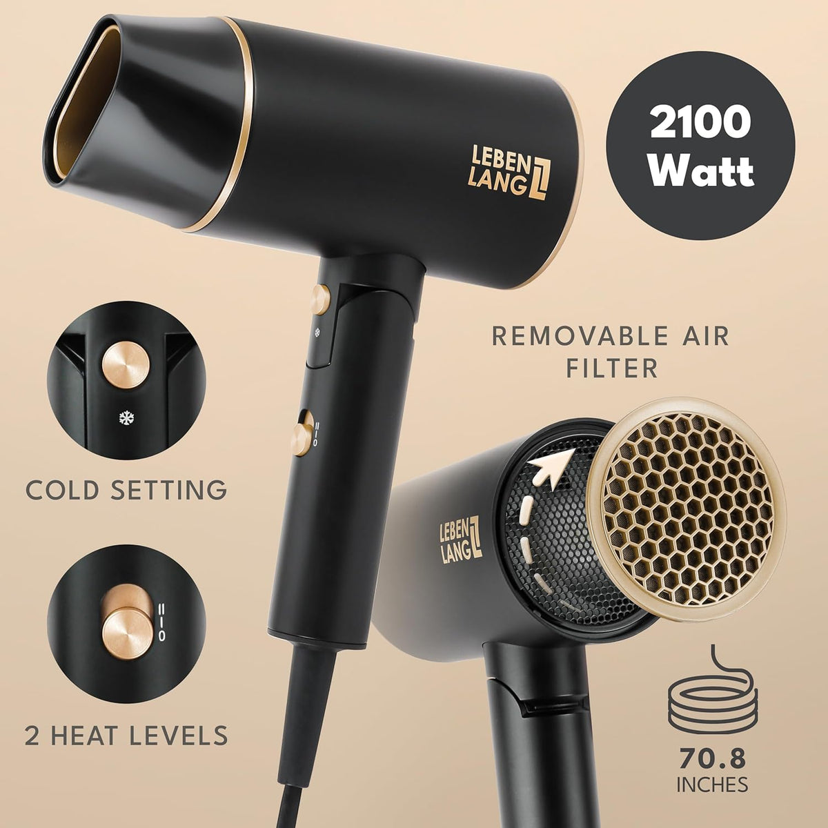 Ionic Hair Dryer 1875W - Compact, Portable, Lightweight, with Diffuser and Bag for Travel